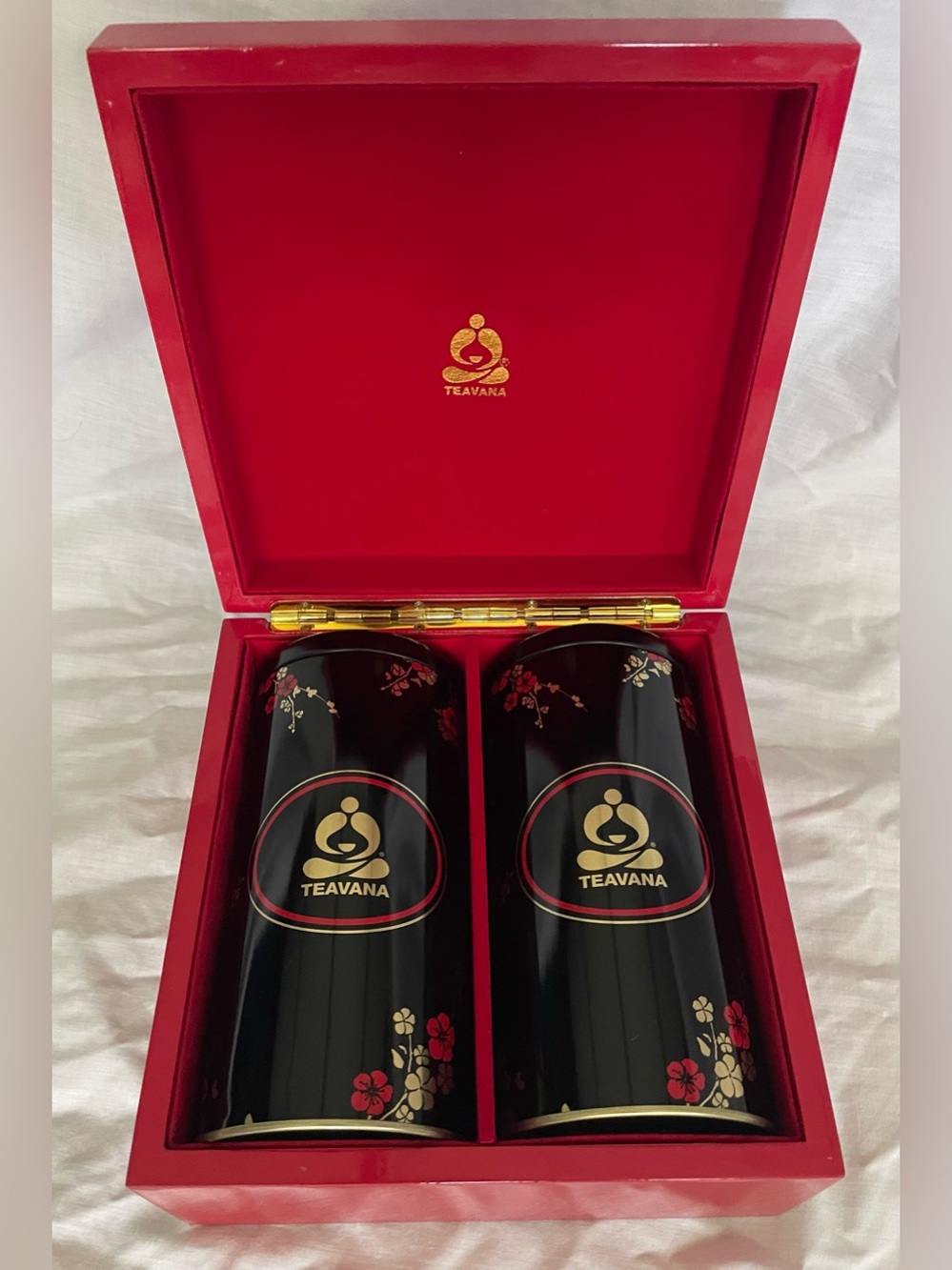 Rare Teavana Red Lacquer Wood Tea Chest Caddy with 2 Empty Storage Tins Set